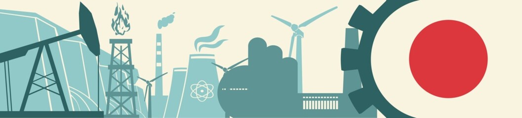 Energy and Power icons set. Header banner with Japan flag. Sustainable energy generation and heavy industry. Vector illustration