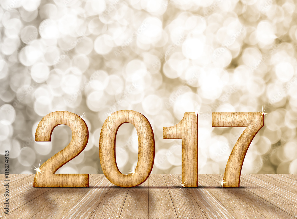 Poster 2017 year wood number in perspective room with sparkling bokeh w