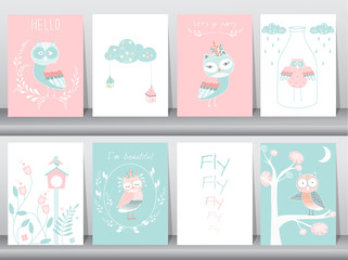 Fototapeta na wymiar Set of cute animals poster,template,cards,owls,boho,Vector illustrations 