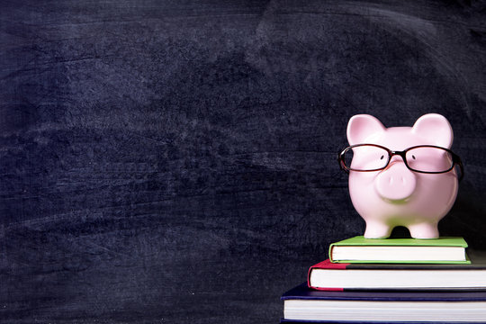 Piggybank Or Piggybank Wearing Glasses In Front Of A School Or College Blackboard Education Saving Fund Fees Budget Photo