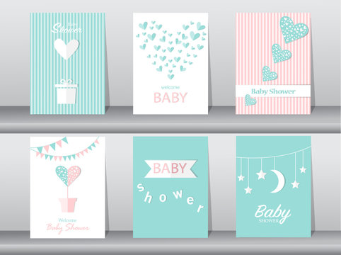 Set of baby shower invitations cards,poster,greeting,template,hearts,Vector illustrations