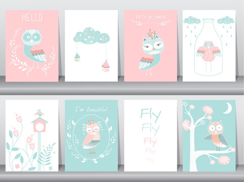 Set of cute animals poster,template,cards,owls,boho,Vector illustrations 
