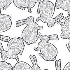 Zentangle and zendoodle hare. Zen tangle and zen doodle animal. Coloring book wildlife. Rabbit vector textile. Seamless pattern background.