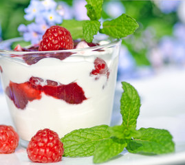 Einladung zur gesunden Ernährung: Leichter, fruchtiger, kalorienarmer Sommergenuss: Himbeer-Quark mit frischen Himbeeren und Minze :)