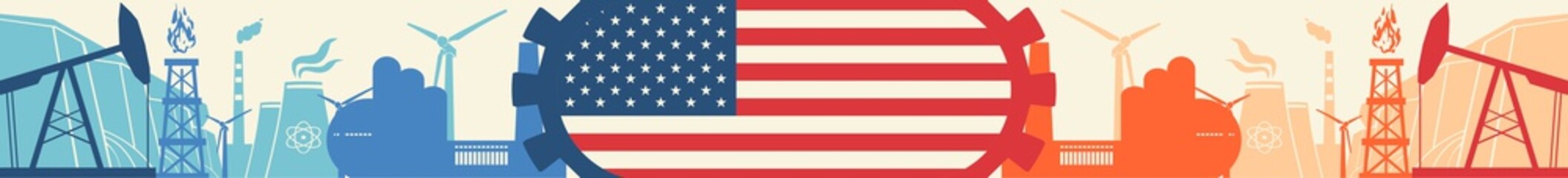 Energy and Power icons set. Header banner with United States flag. Sustainable energy generation and heavy industry. Vector illustration