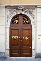 old wooden door with brass heads as door handles