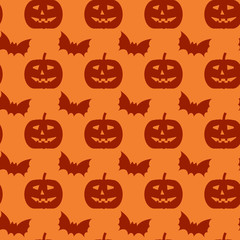 Halloween seamless pattern. Background with silhouettes of bats and pumpkins.