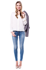 Tall beautiful female model, full length portrait.