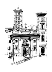 original freehand black and white drawing travel card from Rome 