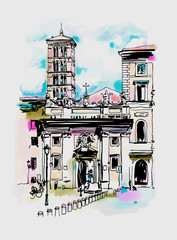 original digital watercolor drawing of Rome street, Italy, old i