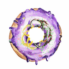 Watercolor purple donut on white background. Isolated donut glazed with blue. American dessert.