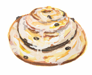 Watercolor cinnamon bun. Pastry art for decoration, cafe or restaurant menu. Isolated roll on white background.