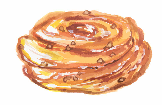 Watercolor Cinnamon Bun. Pastry Art For Decoration, Cafe Or Restaurant Menu. Isolated Roll On White Background.