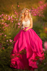Fototapeta na wymiar beautiful girl in a field of roses