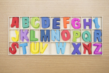 Colorful wooden english letters in box