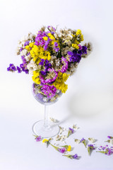 Beautiful colored flowers in a wine glass on a white background