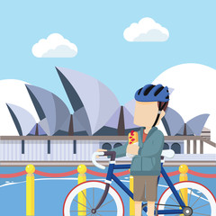 man cyclist on sydney eating hotdog