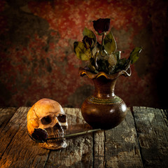 Still Life with a Skull and vase,earthenware