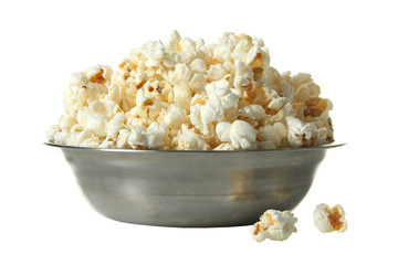 A bunch of popcorn in bowl on a white isolated background