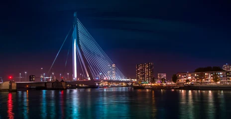 Photo sur Plexiglas Pont Érasme Toits de Rotterdam avec pont Erasmus au crépuscule comme vu de la tour Euromast, Pays-Bas