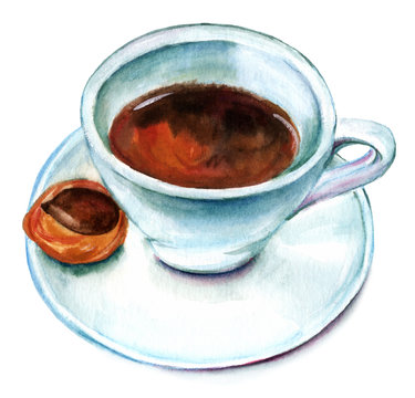 Watercolor cup of coffee with biscuit, retro drawing on white