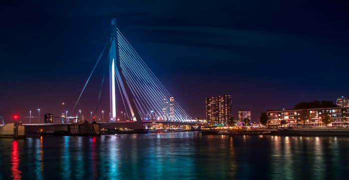 Rotterdam skyline with Erasmus bridge at twilight as seen from the Euromast tower, The Netherlands