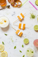 Top view of healthy brochette of peach and fresh cheese