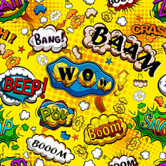 Comic speech bubbles seamless pattern with yellow background vector