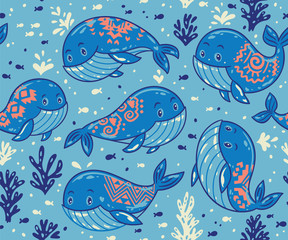 Seamless whale pattern with tribal ornament