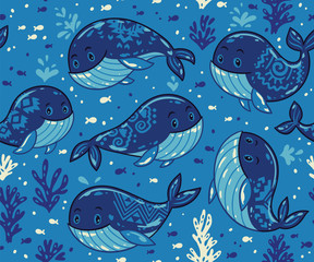 Obraz premium Seamless whale pattern with tribal ornament