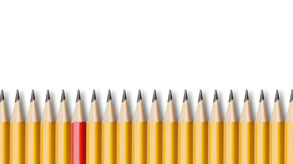 Red pencil standing out from crowd of yellow pencils