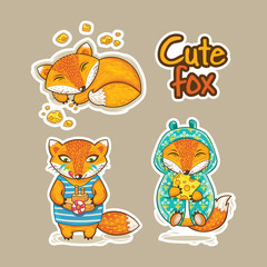 Vector sticker set with little fox characters