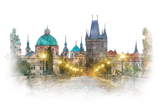 Prague - famous landmark Charles Bridge, watercolor artwork