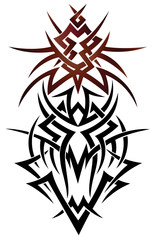 Großer Drache im Tribal Style. Tribal Tattoo mit kräftigen Linien und mystischem Muster in Schwarz und Rot
