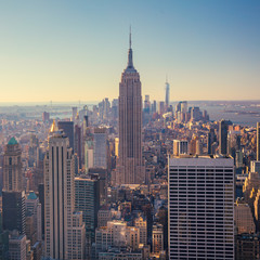 view of Manhattan skyline and skyscrapers at sunrise, New York C
