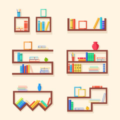 Set of bookshelves. Paper books. Vector flat illustration