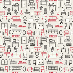 Vector seamless pattern background with hand drawn home furniture outline icons 6 - 118224078