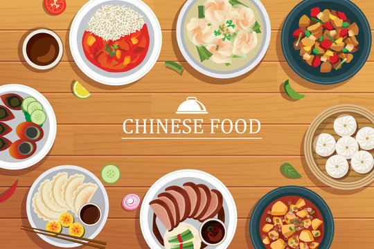 chinese food on a wooden background.Vector chinese food top view