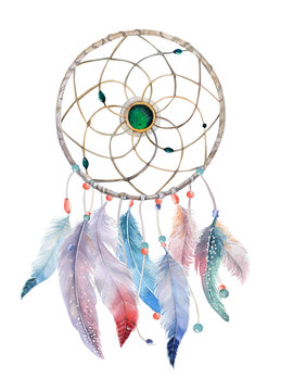  Isolated Watercolor decoration dreamcatcher with beads and boho