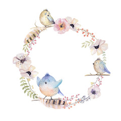 Watercolor floral wreath. Watercolour natural frame: leaves, fea