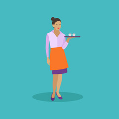 Waitress holds a tray with coffee cups. Cafe concept vector illustration in flat style design