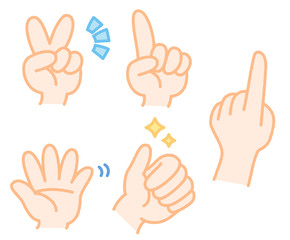 シンプルでかわいい手・ハンドサインイラスト　セット素材　白背景