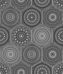 Oriental seamless pattern in style of colorful floral patchwork boho chic with mandala in hexagon elements