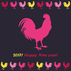 Greeting card with decorative cocks. Vector illustration.
