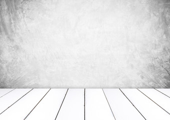 Perspective white wood over gray cement wall background, room