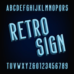Neon retro sign alphabet font. Volumetric type letters and numbers. Volume vector typography for labels, titles, posters etc.
