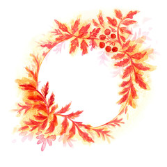 hand painted round autumn floral frame. Watercolor painting.