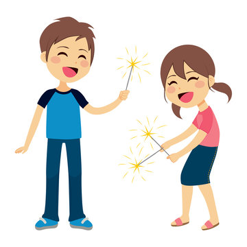 Cute children boy and girl playing with sparkler fireworks