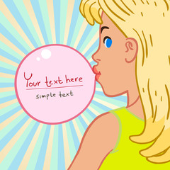 Vector illustration background with girl inflates bubble of chewing gum in retro style.