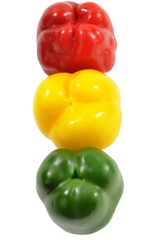 Three colored peppers mature, depicting traffic light colors. Isolated on white background